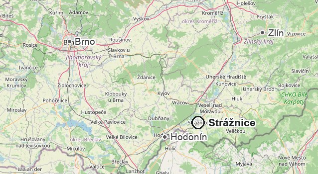 Mapa jihovýchodní Moravy – Strážnice mezi Brnem a Zlínem